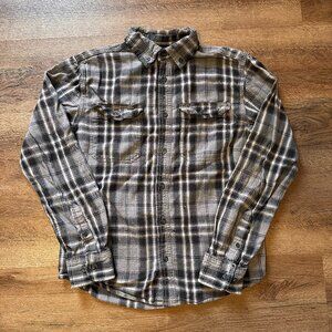 George Casual Button Down Mens Small Gray Plaid Distressed Grunge Flannel Shirt
